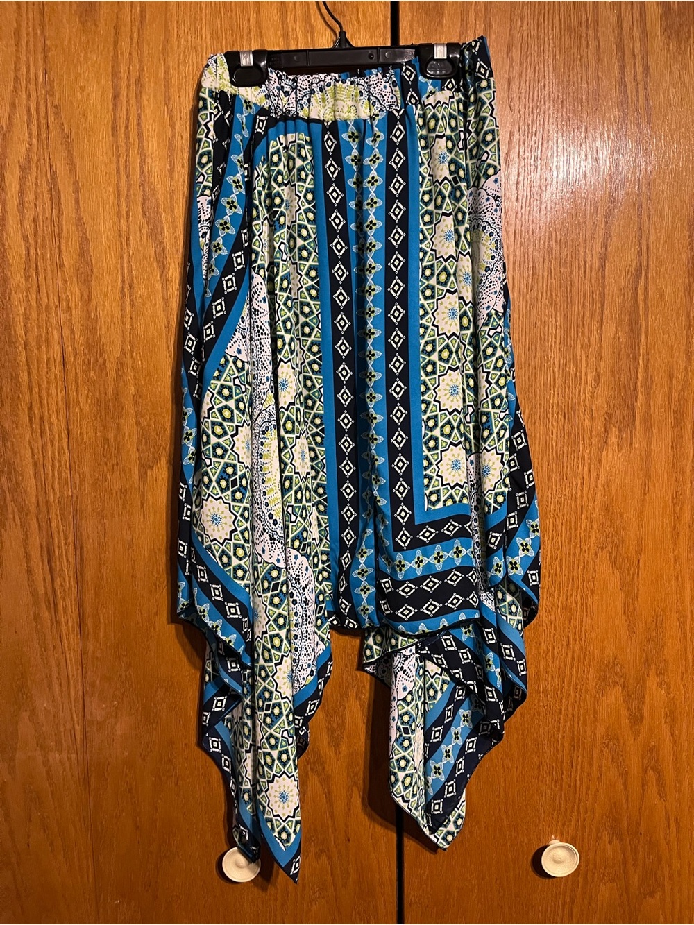 by & by Blue, Black & Green Asymmetrical Handkerchief Hem Skirt